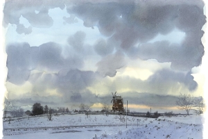 Reproducerad akvarell/giclée - Kvarnen vid Strandtorp en vinterkväll